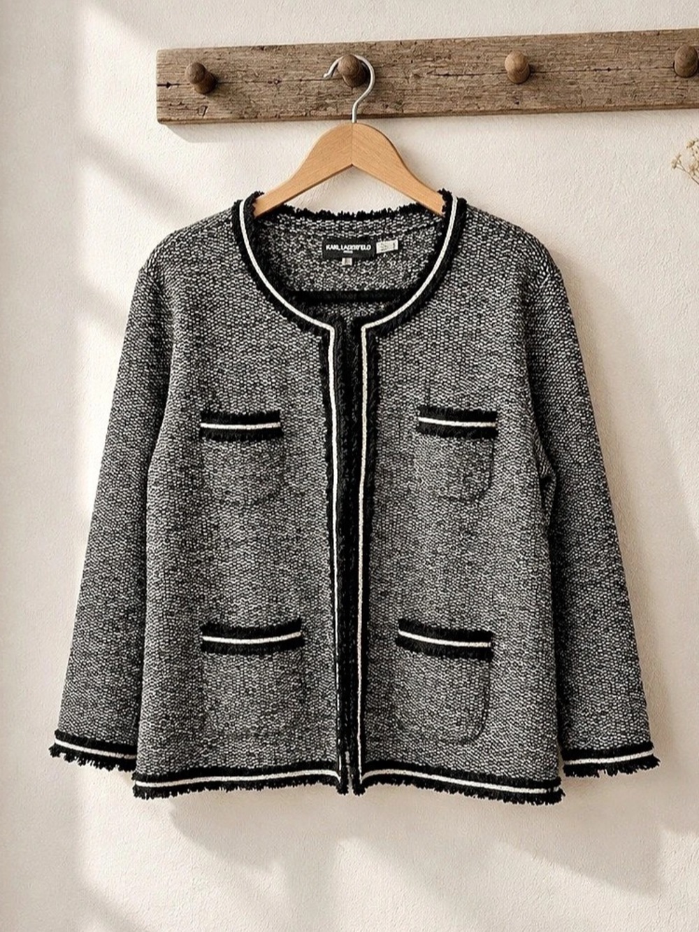 Karl Lagerfeld  Textured Trim Jacket in Black & White and gold